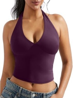 NEW CCB Deep Plum Halter Sexy Stretchy Crop Top Small